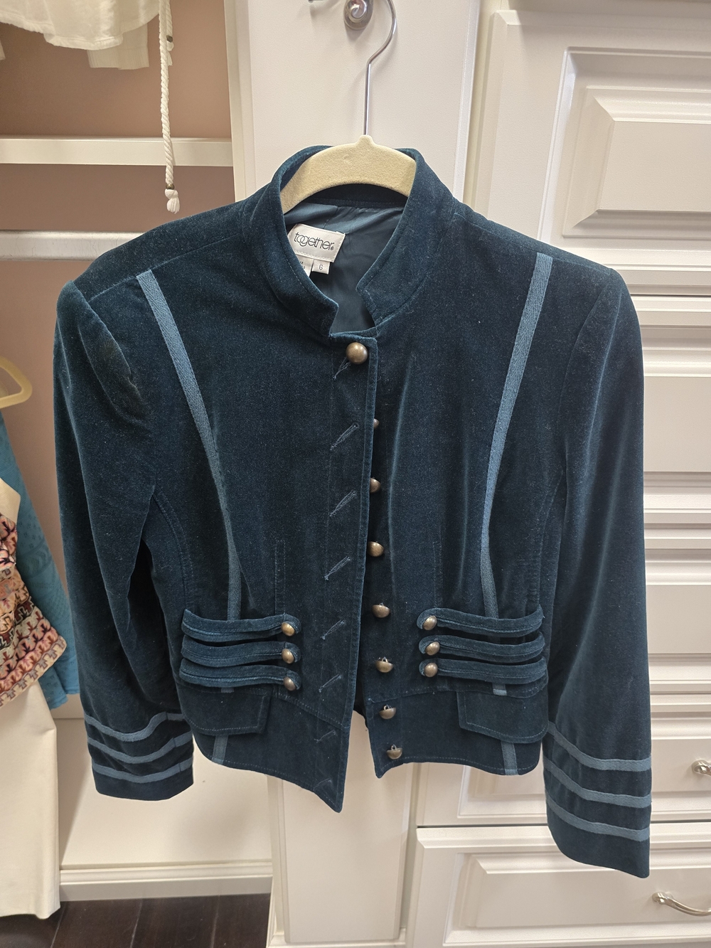 Together Teal Velvet Military-Style Blazer with Brass Buttons
